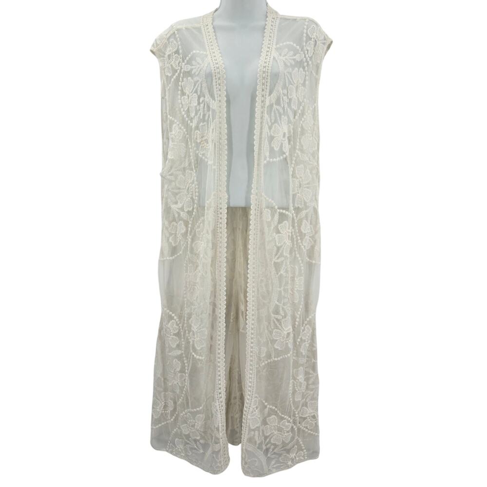 Racheal Women Boho Chic Festival Beach Cover Up Lace Embroidered Cream Duster M
